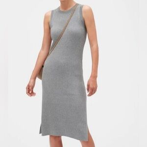 BANANA REPUBLIC Midi Grey Ribbed Sleeveless Sweater Dress Bodycon Side Slits XS